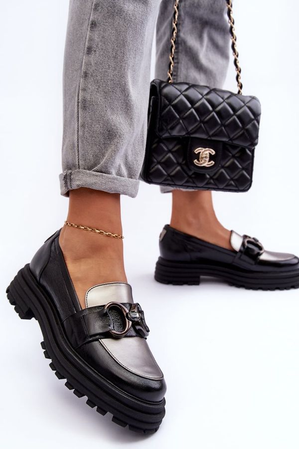 Laura Messi Laura Messi Дамски кожени мокасини с плосък ток Черни Elkiza