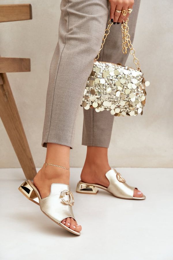 Laura Messi Laura Messi Кожени Елегантни Чехли За Жени С Нисък Ток Лаура Меси 2874 Златни