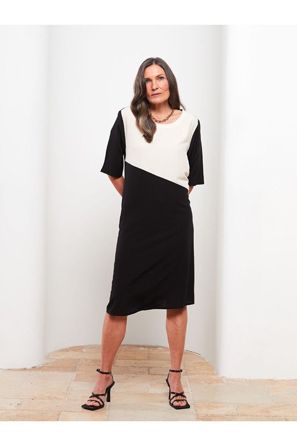 LC Waikiki LC Уайкики екипажа врата цвят блок къс ръкав жените рокля