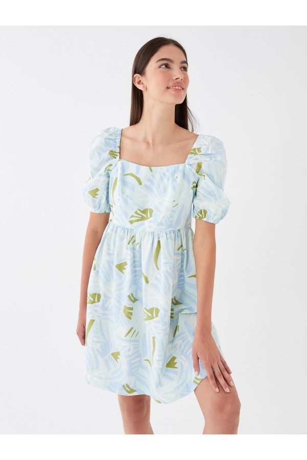 LC Waikiki LC Уайкики жените квадратно деколте шарени Poplin рокля с балон ръкави