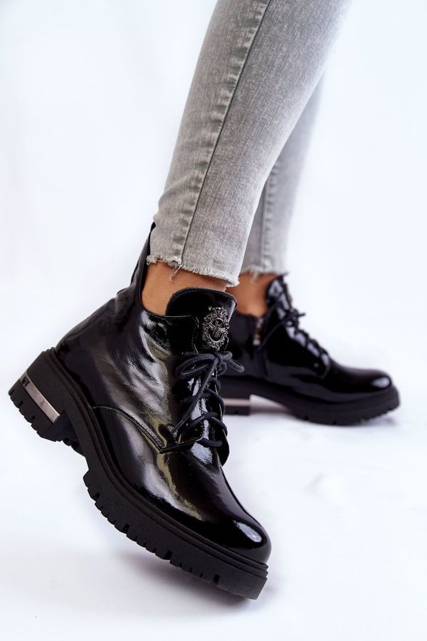 LEMAR LEMAR Черни дамски лачени ботуши с плосък ток Zazoo 60309