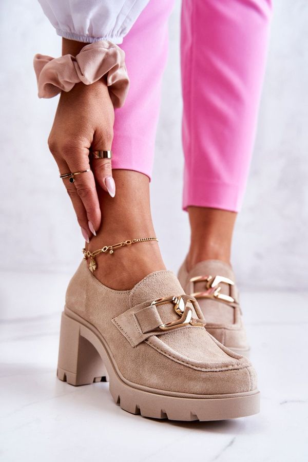 LEMAR LEMAR Елегантни обувки на колона със златиста декорация Светло бежово Harmell