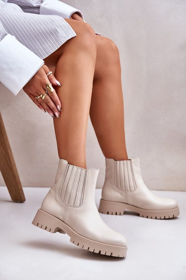 Lewski Shoes Lewski Shoes Дамски боти с приплъзване на плосък ток Кожени светло бежови Lewski 3611