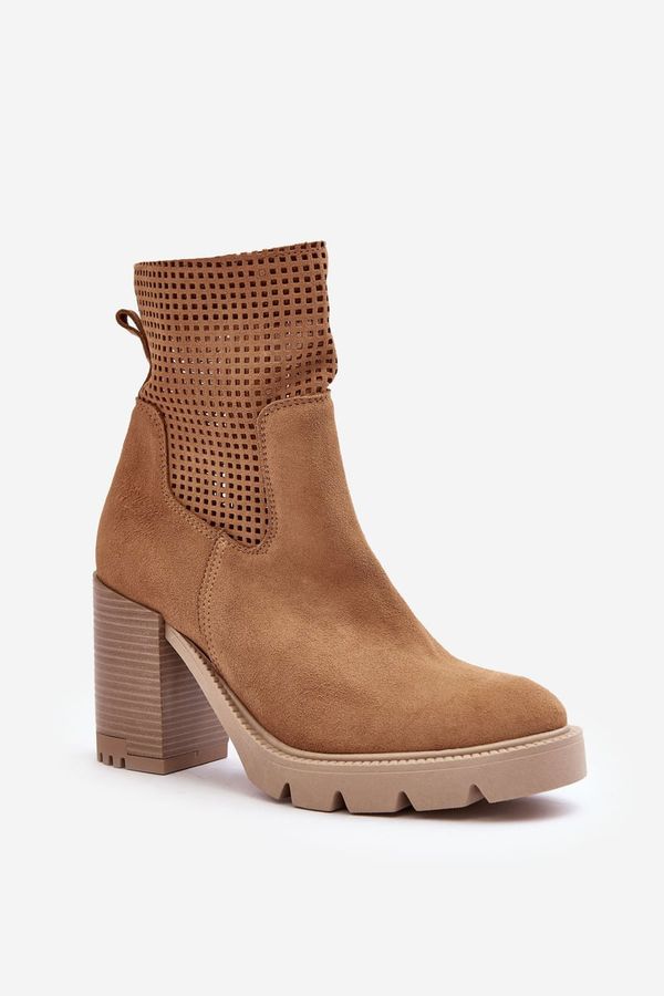 Lewski Shoes Lewski Shoes Дамски велурени ажурни боти на ток Camel Lewski 3386