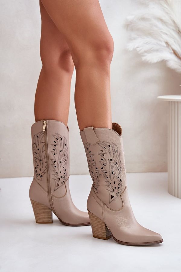 Lewski Shoes Lewski Shoes Изрязани кожени ботуши с висок ток до коляното Бежови Lewski 3609