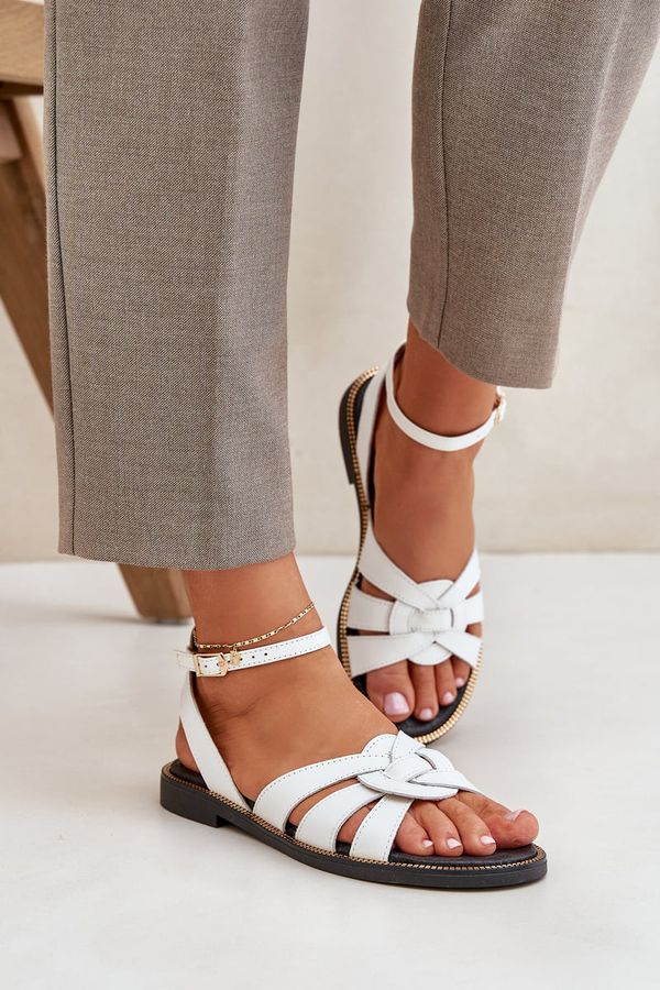 Lewski Shoes Lewski Shoes Кожени Дамски Сандали На Плосък Ток Бели Зазу 3688