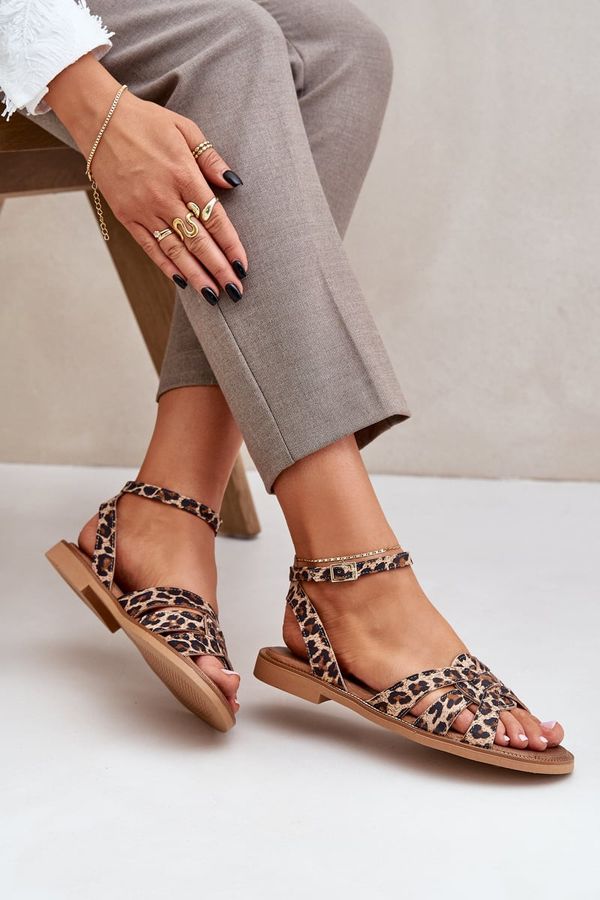 Lewski Shoes Lewski Shoes Кожени Дамски Сандали На Плосък Ток Пантерка Зазу 3688 Кафяви