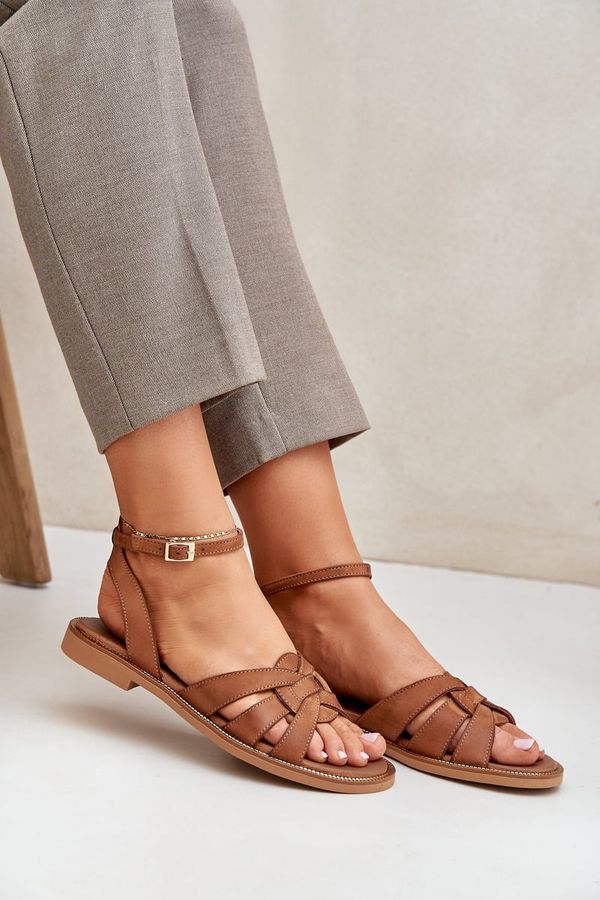 Lewski Shoes Lewski Shoes Кожени Дамски Сандали На Плосък Ток Зазу 3688 Карамел