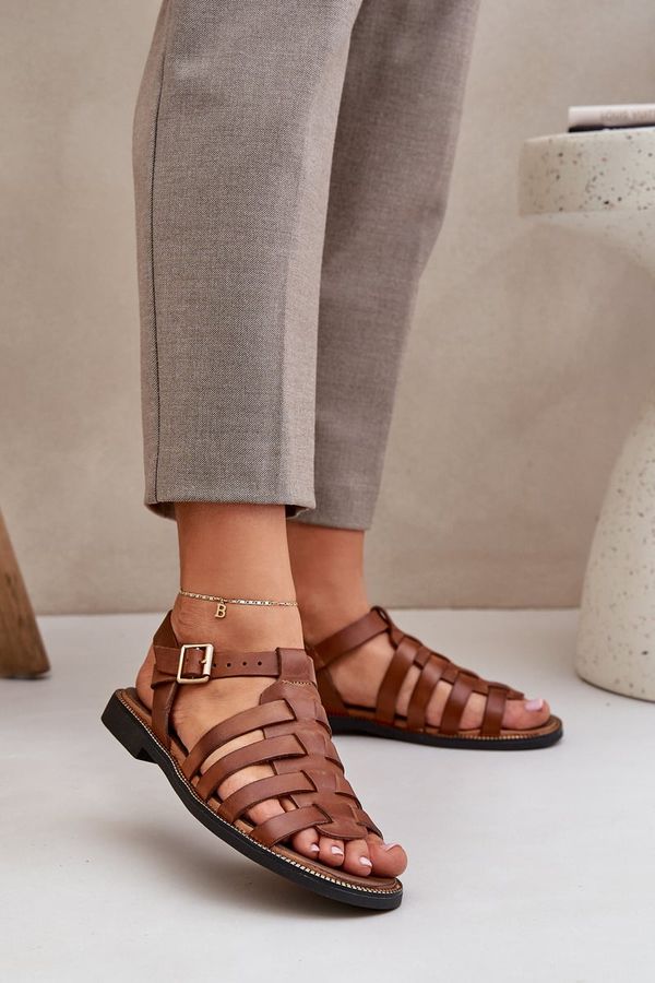 Lewski Shoes Lewski Shoes Кожени сандали на равна подметка Зазу 3686 Карамел