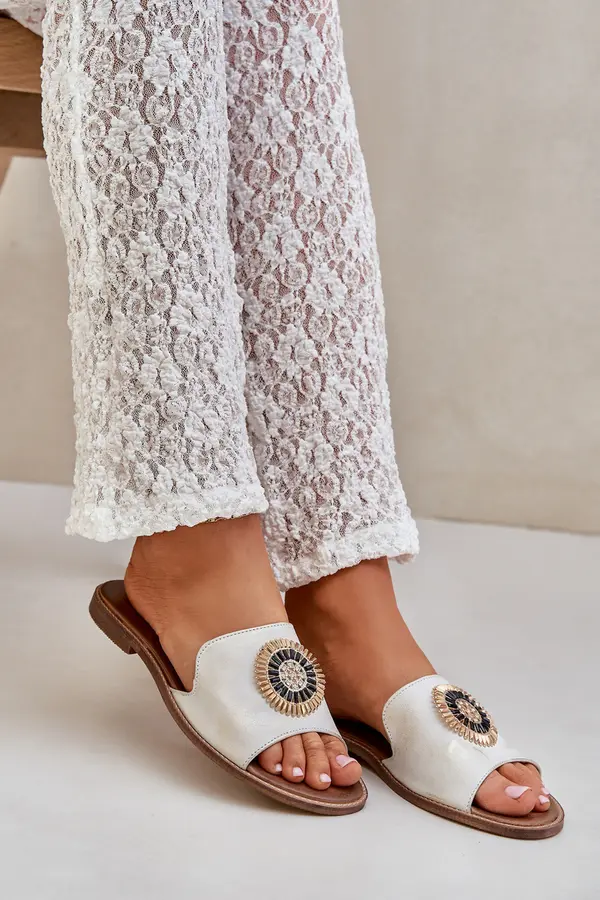 Boto Lewski Shoes Кожени Сандали С Декорация На Плосък Ток Златен Патиниран Левски