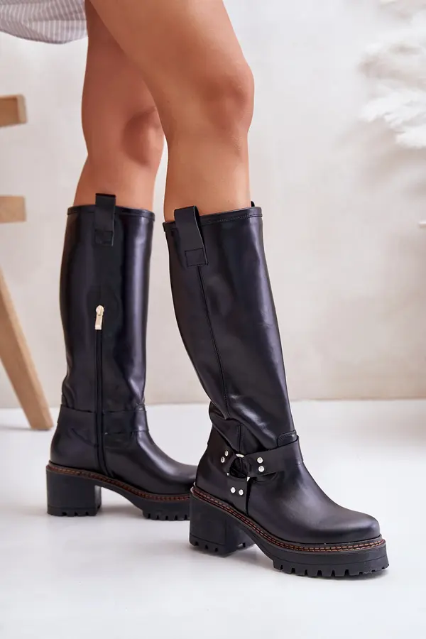 Boto Lewski Shoes Кожени високи дамски боти до коляното Черни Lewski 3432