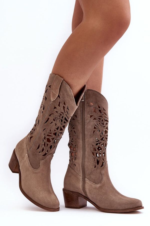 Lewski Shoes Lewski Shoes Велурени каубойски ботуши ажурни тъмно бежови Lewski 3320