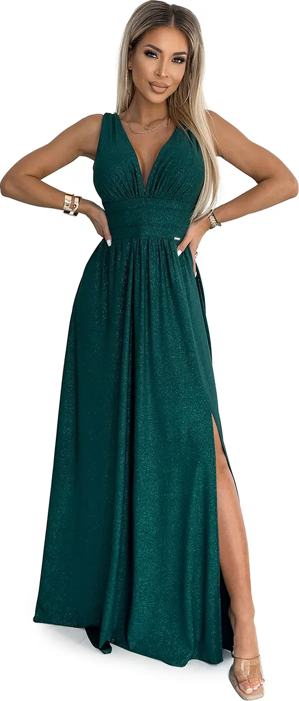 NUMOCO Long brocade dress with neckline and stitching at the waist Numoco