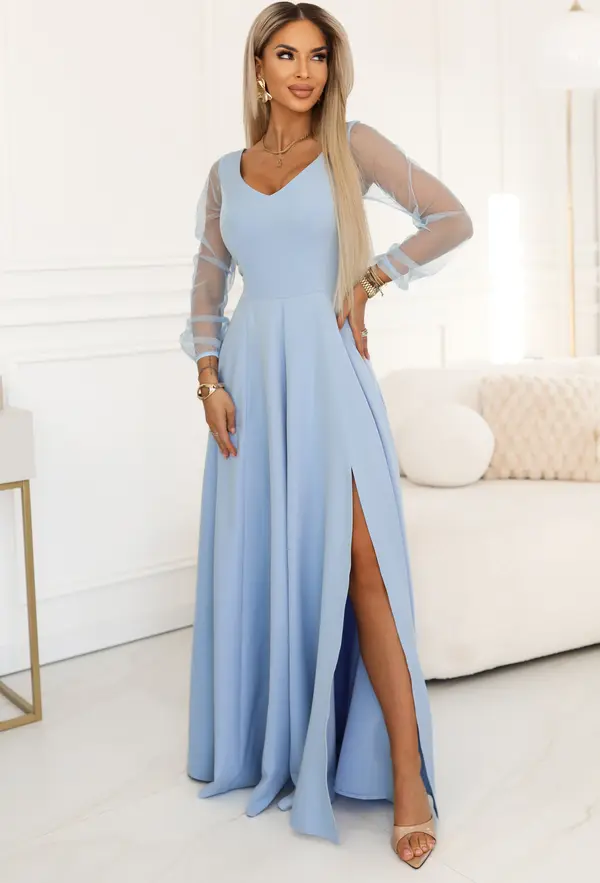 NUMOCO ЛОРЕТА Дълга рокля с ръкави от тюл - светлосиня