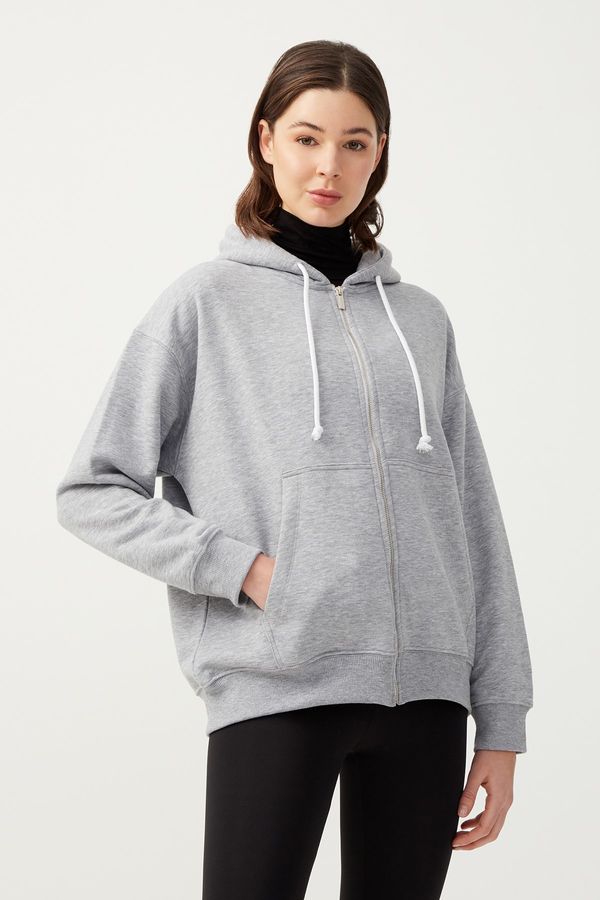 LOS OJOS LOS OJOS Women's Melange Gray Hooded Oversized Rayon Zipper Knitted Sweatshirt.