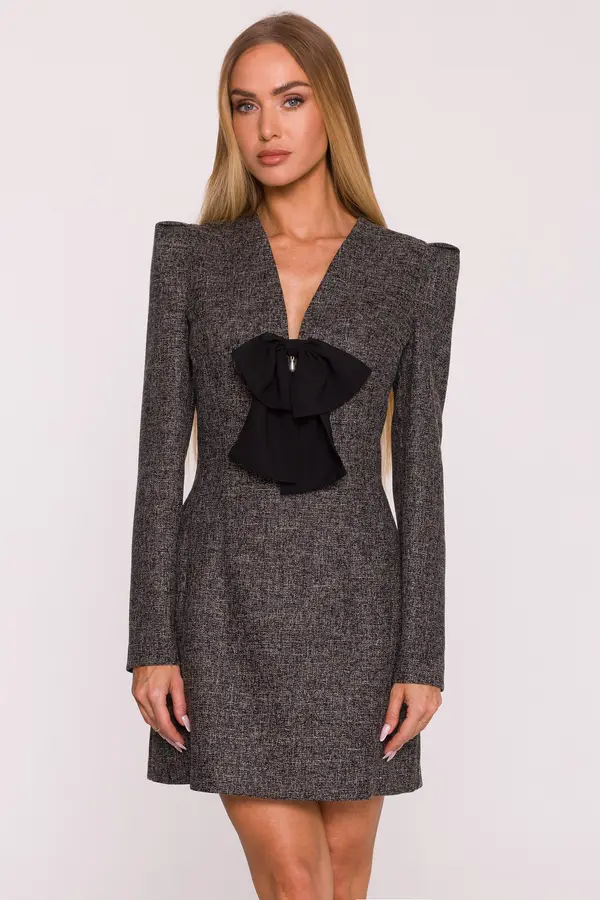Made Of Emotion Made Of Emotion Woman's Long-sleeved mini dress with a chiffon bow - black