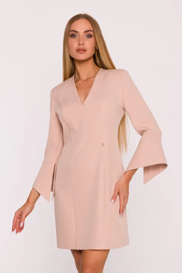 Made Of Emotion Made Of Emotion Woman's Mini dress with wide cuffs and a V-neck - beige