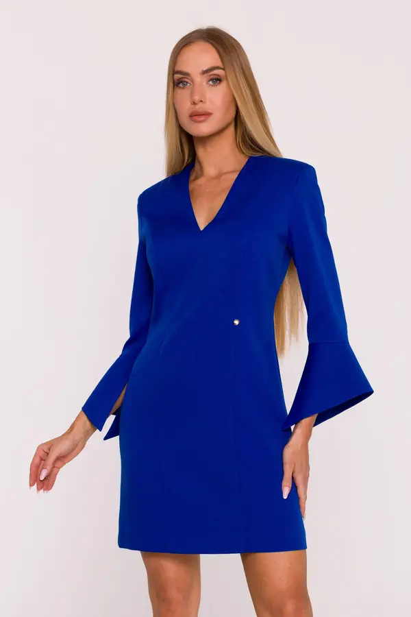 Made Of Emotion Made Of Emotion Woman's Mini dress with wide cuffs and a V-neck - royal blue