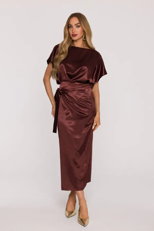 Made Of Emotion Made Of Emotion Woman's Satin dress with a tie at the waist - brown