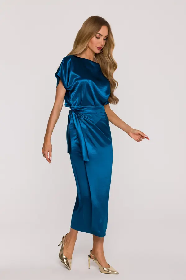 Made Of Emotion Made Of Emotion Woman's Satin dress with a tie at the waist - ocean blue