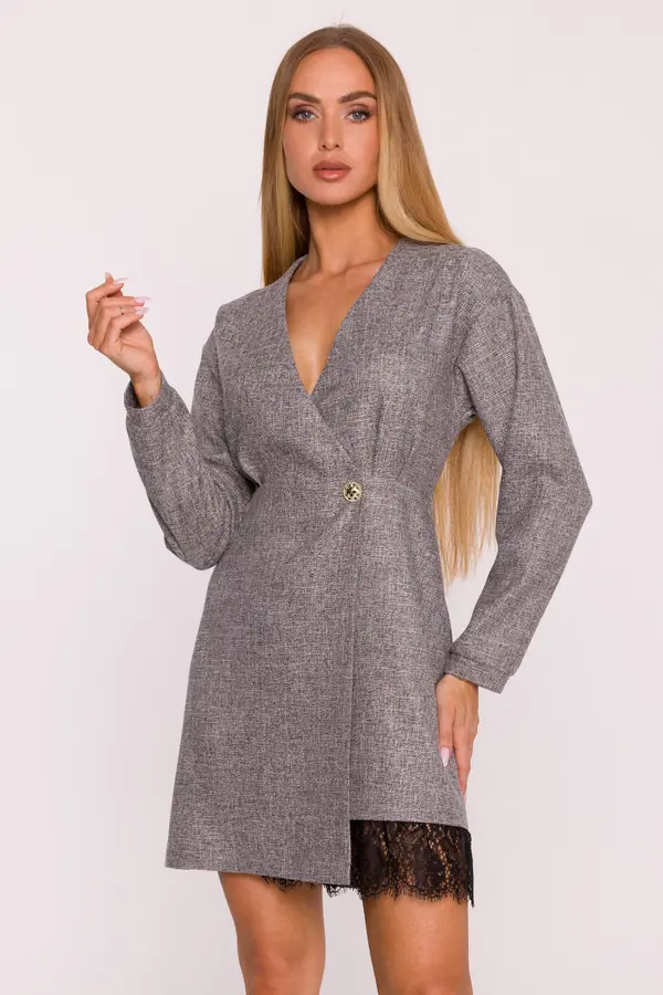 Made Of Emotion Made Of Emotion Woman's Tweed mini dress with a lace insert - graphite