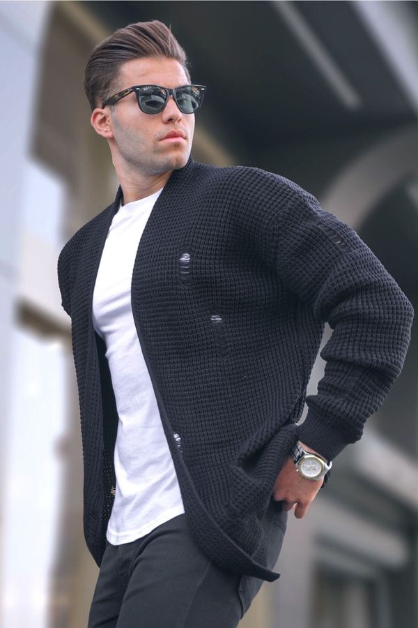 Madmext Madmext Black Ripped Detailed Basic Knitted Cardigan 6309