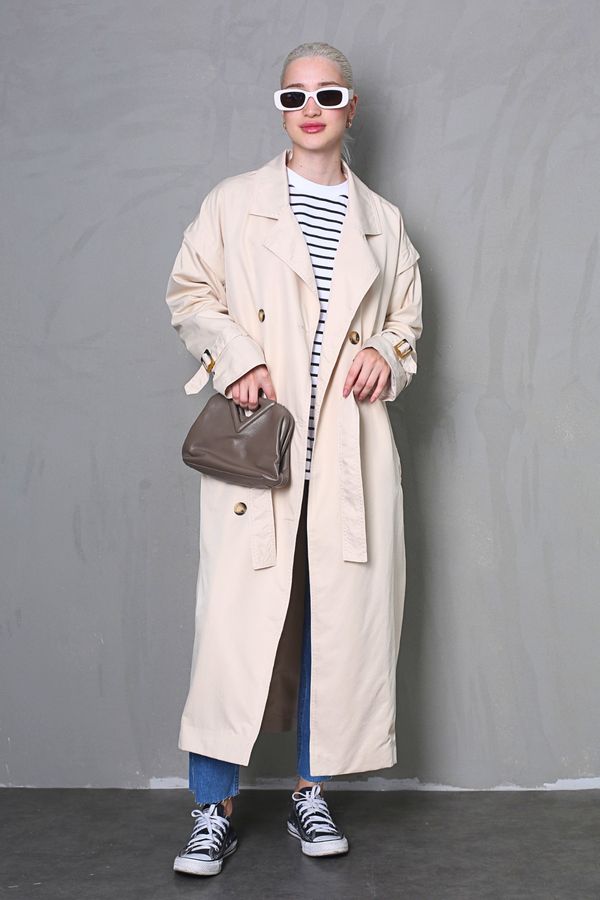 Madmext Madmext Cream Flowy Long Trench Coat