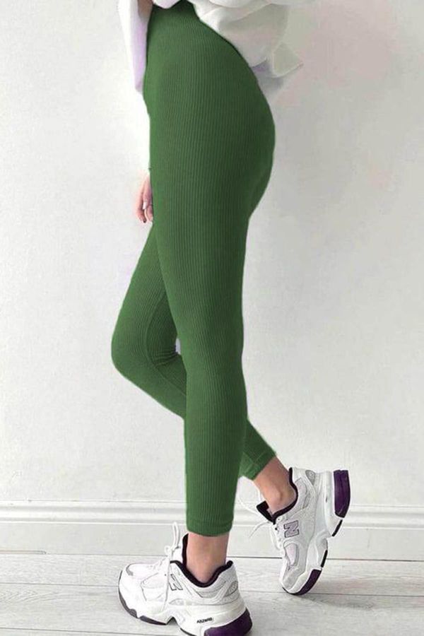 Madmext Madmext Khaki High Waist Women's Ribbed Leggings