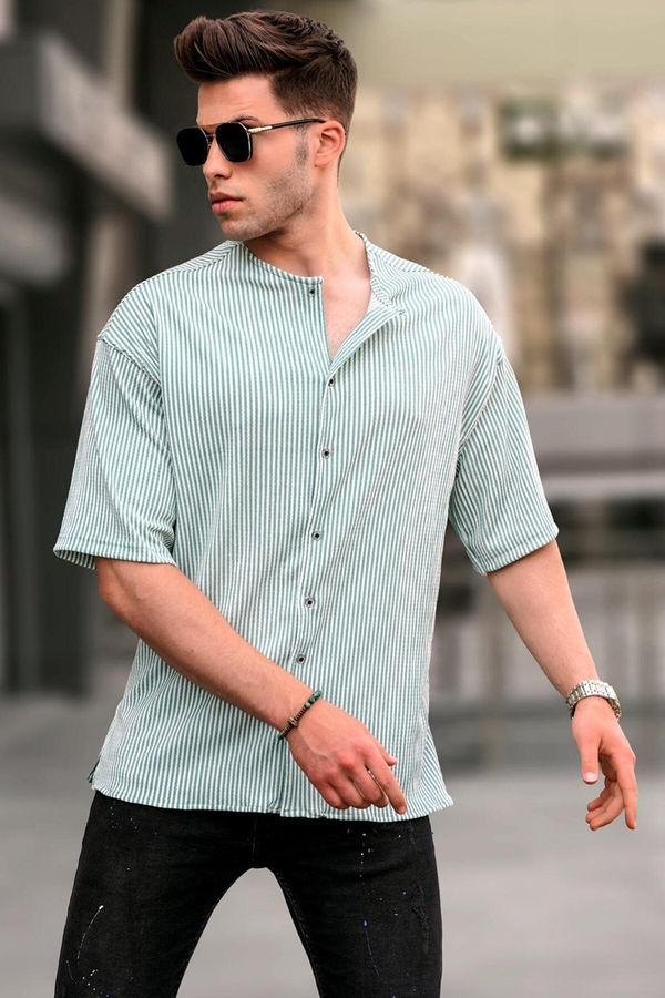 Madmext Madmext Mint Green Large Collar Striped Short Sleeve Shirt 5863