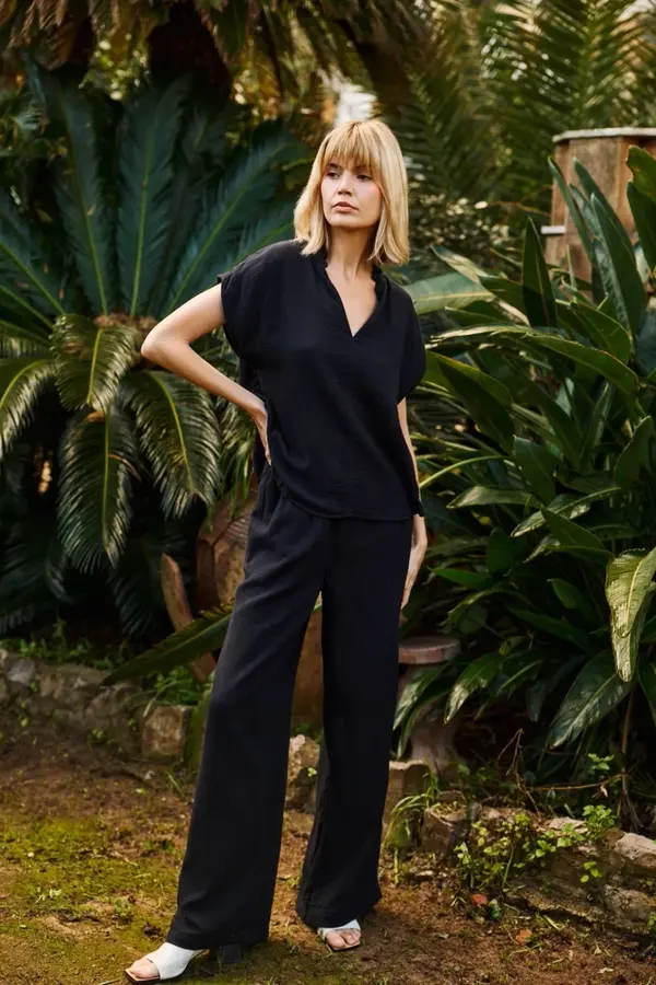 Marisse Marisse Black Cotton Wide-Leg Trousers