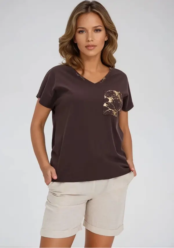 Marisse Marisse Brown Cotton T-Shirt With Decorative Pocket