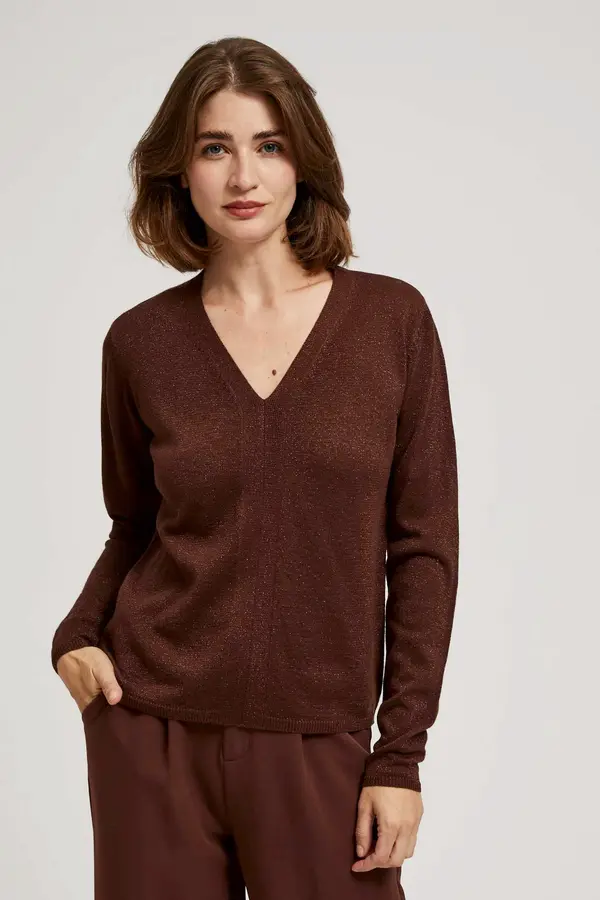 Marisse Marisse Brown Metallic Thread V-Neck Sweater