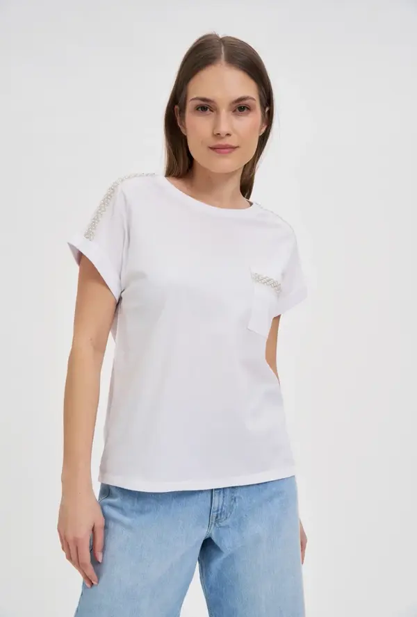 Marisse Marisse Cotton T-Shirt Decorated With Beads, White