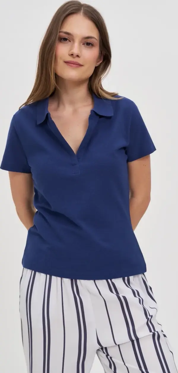 Marisse Marisse Navy Blue Cotton Blouse With A Collar