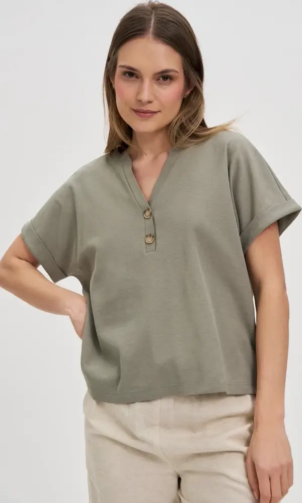 Marisse Marisse Olive Blouse With Buttons On The Neckline