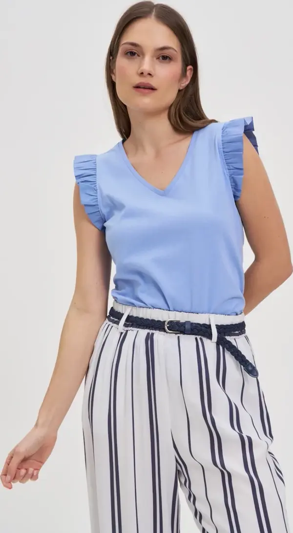 Marisse Marisse Sky Blue Blouse With Ruffles On The Shoulders