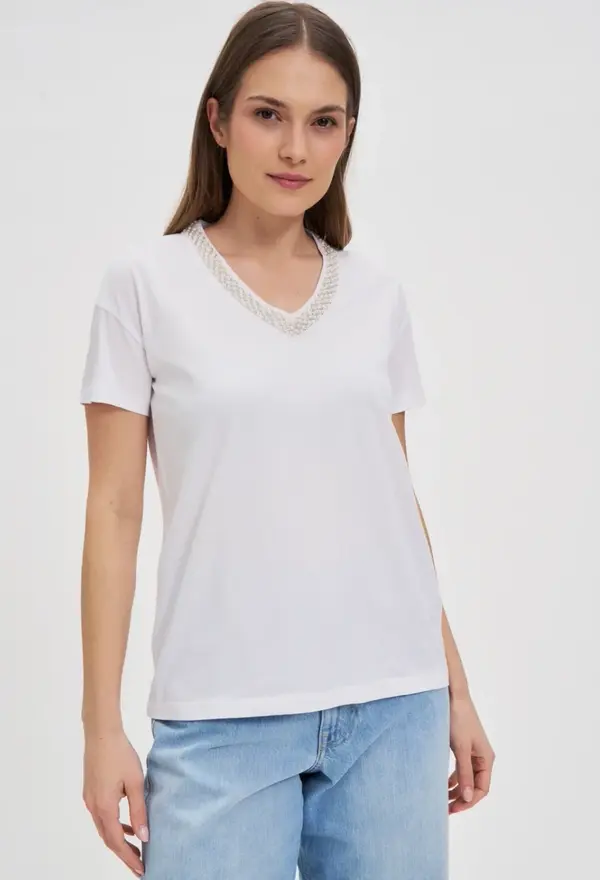 Marisse Marisse T-Shirt With Decorative Neckline, White