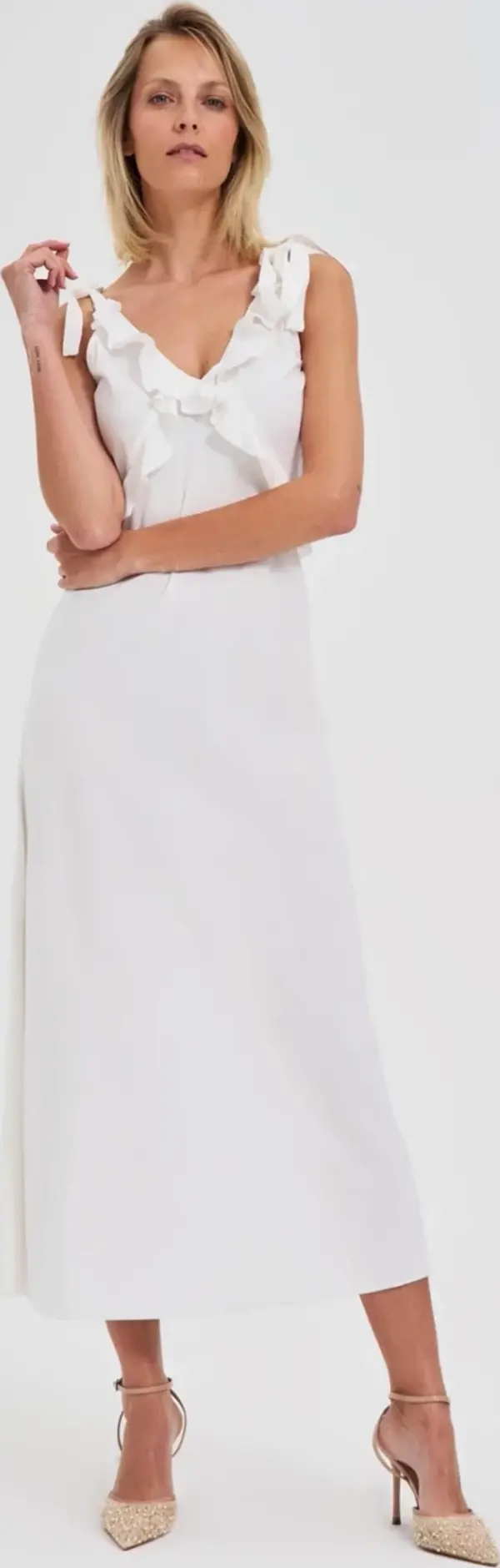 Marisse Marisse White Midi Dress With Ruffles On The Neckline