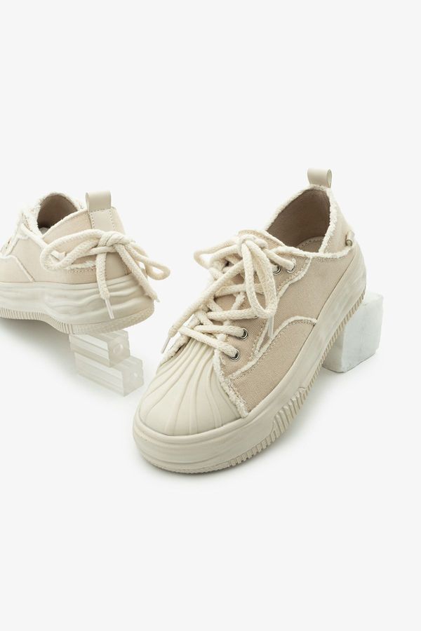 Marjin Marjin Women's Thick Sole Linen Fabric Sneaker Sports Shoes Pearl Beige