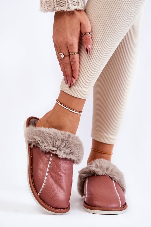 marka niezdefiniowana marka niezdefiniowana Дамски кожени чехли с косъм Тъмно розови Rossa