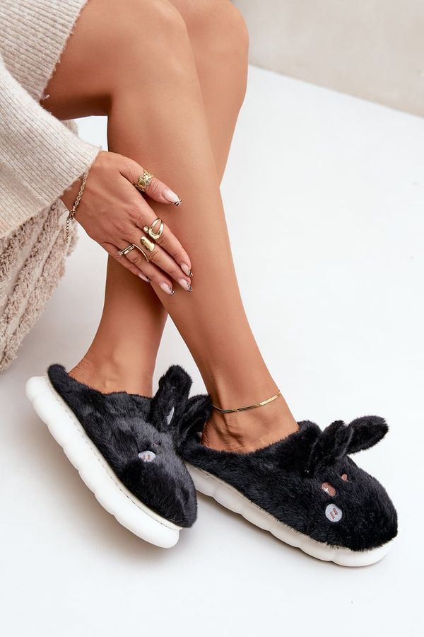 marka niezdefiniowana marka niezdefiniowana Вълнени Чехли С Мотив На Зайче Черни Natasha