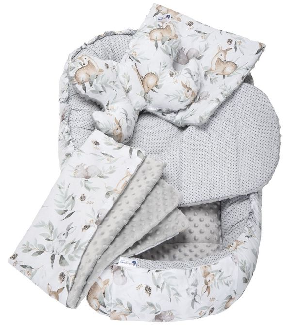 Medi Partners Medi Partners Cocoon in a 5-piece set (cocoon / insert / butterfly pillow / flat pillow / quilt 75x55) – Deer in leaves + gray Minky