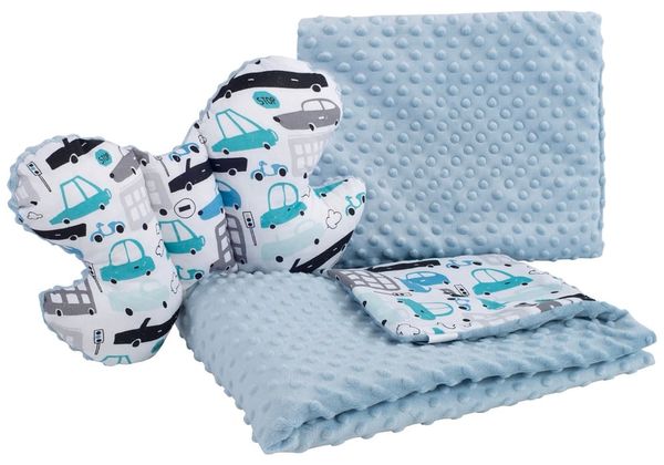 Medi Partners Medi Partners Set: Quilt with a pillow for a stroller + butterfly - Cars + minky blue