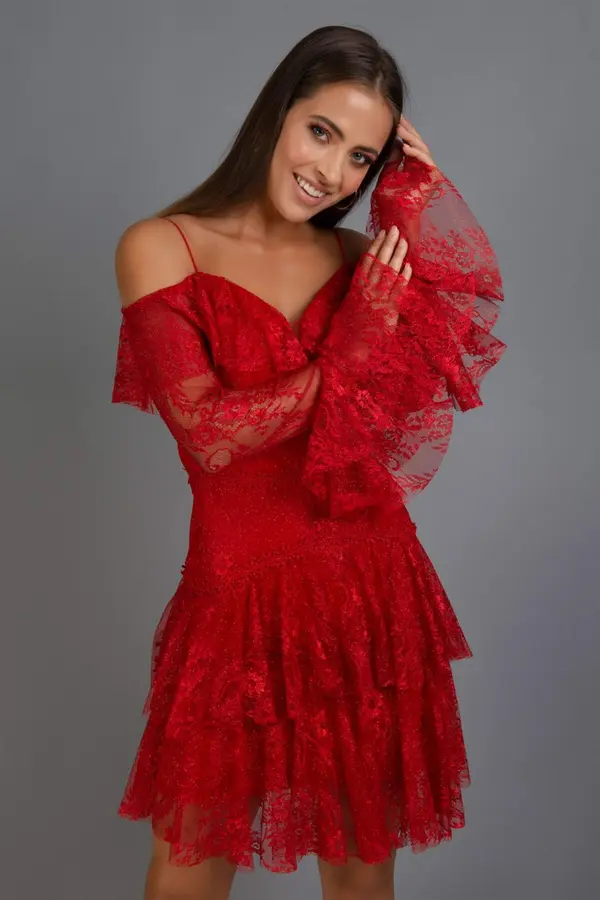 Carmen Мини рокля Carmen в червена дантела