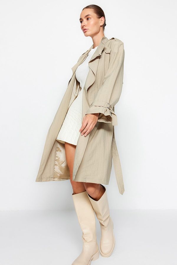 Trendyol Модерен бежов овърсайз широкообхватен тренчкот с колан