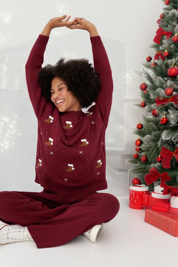 Trendyol Модерен червен коледен тематичен долен комплект с мека текстура, пернат трикотаж