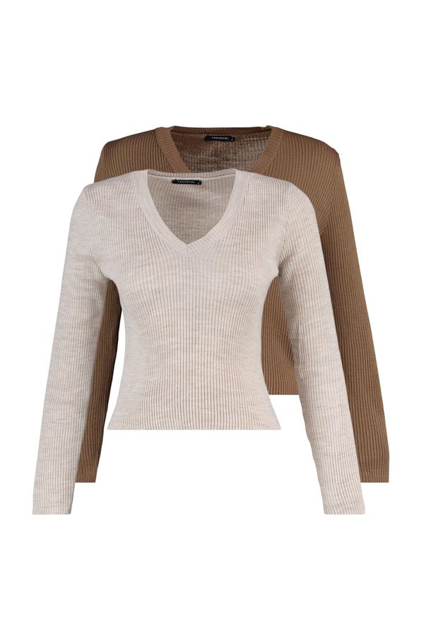 Trendyol Модерен кафяво-каменен трикотажен пуловер