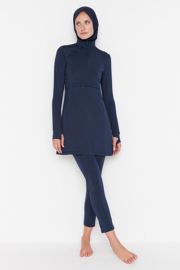 Trendyol Модерен тъмносин дълъг ръкав изпълнение трикотажни 4-парче бански комплект TTCSS22CF0012