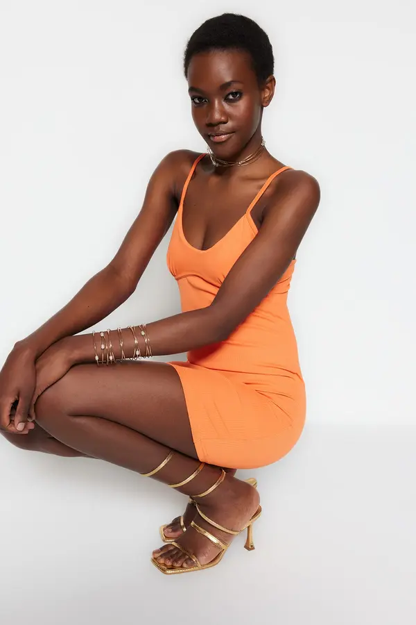 Trendyol Модерна оранжева плетена елегантна вечерна рокля
