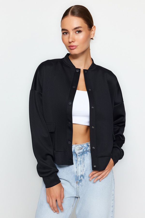 Trendyol Модерно тъмно синьо плетено водолазно яке с джобове и копчета